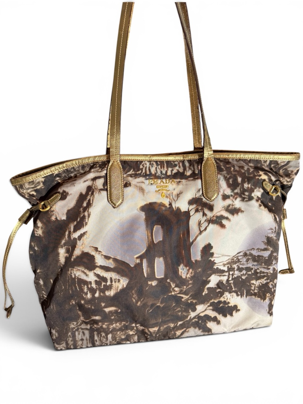 Prada Grigio Stampat Tessuto Landscape & Gold Nylon Tote Bag